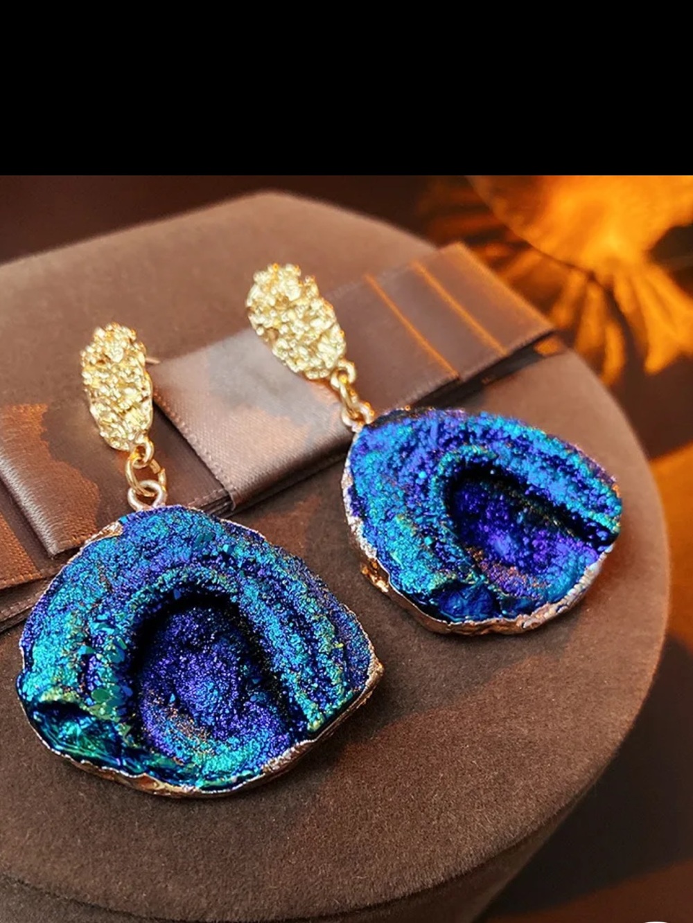 Druzy Teardrop Drop Earrings - Blue Crystal Geode